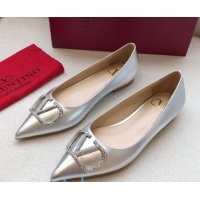 Luxury Valentino Crystal VLogo Metallic Leather Flat Ballerinas Silver 092421