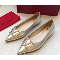 Grade Design Valentino Crystal VLogo Metallic Leather Flat Ballerinas Gold 092424