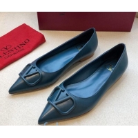 Fashion Luxury Valentino VLogo Calfskin Flat Ballerinas Peacock Blue 092427