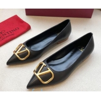 Classic Hot Valentino VLogo Calfskin Flat Ballerinas Black/Gold 092430