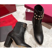 Pretty Style Valentino Rockstud Calfskin Short Boots with Double Buckle 85mm Black 092432