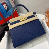 Top Grade Hermes Kelly Bag Original Leather Ostrich Skin H5600 Dark Blue