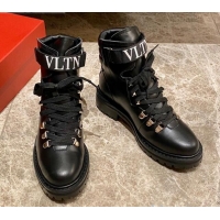 Luxurious Valentino Calfskin VLTN Lace-up Short Boots Black 100973