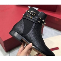 Good Looking Valentino Rockstud Belt Grained Calfskin Flat Short Boots Black 102007