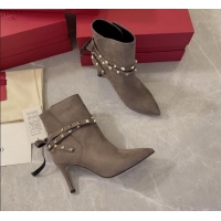 Most Popular Valentino Rockstud Suede Heel Short Boots with Ties 80mm Grey 102109