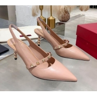 Best Luxury Valentino Roman Stud Calfskin Slingback Pumps with Sculpted Heel and Strap Nude 010601