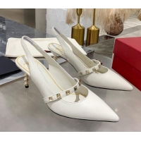 Most Popular Valentino Roman Stud Calfskin Slingback Pumps with Sculpted Heel and Strap 010601 White/Gold