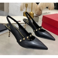 New Style Valentino Roman Stud Calfskin Slingback Pumps with Sculpted Heel and Strap 010604 Black/Gold