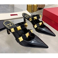 Best Price Valentino Roman Stud Calfskin Heel Mules with Sculpted Strap 010605 Black