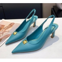 Cute Valentino Roman Stud Calfskin Slingback Pumps 010679 Blue