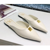 Stylish Valentino Roman Stud Calfskin Flat Mules 010679 White