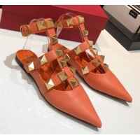 Best Grade Valentino Roman Stud Lambskin Strap Flat Mules 010879 Orange