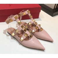 Unique Style Valentino Roman Stud Lambskin Strap Flat Mules 010879 Nude Pink