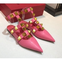 Super Quality Valentino Roman Stud Lambskin Strap Flat Mules 010879 Hot Pink