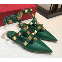 Perfect Valentino Roman Stud Lambskin Strap Flat Mules 010879 Green