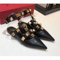 Good Quality Valentino Roman Stud Lambskin Strap Flat Mules 010879 Black 