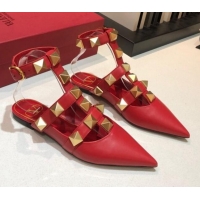 Top Design Valentino Roman Stud Lambskin Strap Flat Mules 010879 Red