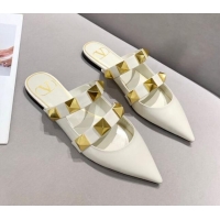 Good Quality Valentino Roman Stud Calfskin Flat Mules 010888 White 2021