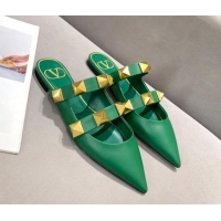 Top Quality Valentino Roman Stud Calfskin Flat Mules 010888 Green 2021