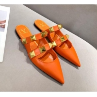 Luxury Cheap Valentino Roman Stud Calfskin Flat Mules 010888 Orange 2021