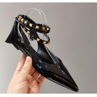 Fashion Valentino Roman Stud Shiny Lambskin Ballerinas with Tassel Strap 011181 Black