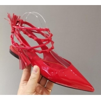 Fashion Valentino Roman Stud Shiny Lambskin Ballerinas with Tassel Strap 011181 Red