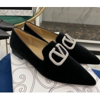 Super Quality Valentino Crystal VLogo Velvet Flat Loafers with Pointed Toe 012301 Black 2021