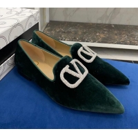 Best Design Valentino Crystal VLogo Velvet Flat Loafers with Pointed Toe 012301 Green 2021