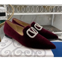 Grade Design Valentino Crystal VLogo Velvet Flat Loafers with Pointed Toe 012301 Burgundy 2021