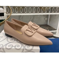 Best Price Valentino VLogo Calfskin Flat Loafers with Pointed Toe 012304 Nude 2021