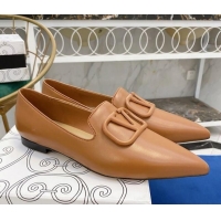 Good Product Valentino VLogo Calfskin Flat Loafers with Pointed Toe 012304 Light Brown 2021