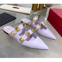 Super Quality Valentino Roman Stud Calfskin Flat Mules 012525 Light Purple 2021