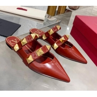 Classic Practical Valentino Roman Stud Calfskin Flat Mules 012525 Burgundy 2021