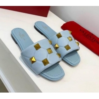 Best Luxury Valentino Roman Stud Flat Slide Sandals in Quilted Nappa Lambskin 012614 Light Blue