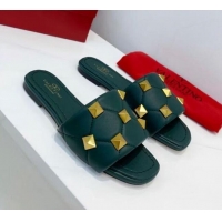 Custom Valentino Roman Stud Flat Slide Sandals in Quilted Nappa Lambskin 012614 Green