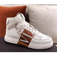 Best Price Valentino VL7N Calfskin High-Top Sneaker with Print Bands 012742 White/Brown