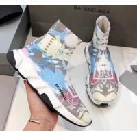 Perfect Balenciaga Graffiti Knit Sock Speed Trainer Sneaker 033010 Blue