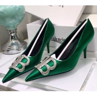 Luxury Cheap Balenciaga Crystal BB Square Knife 7.5cm Pump in Stretch Satin Green 051505