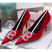 Best Price Balenciaga Crystal BB Square Knife 7.5cm Pump in Stretch Satin 051505 Red