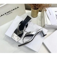 Top Quality BalenciMetallicaga Double Square 60mm Open Back Sandal in Metallic Leather Silver 060403