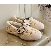 Affordable Price Louis Vuitton Homey Monogram Embroidered Wool Flat Loafers with Twist Bow 102401 White/Gold