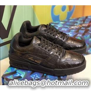 Good Product Louis Vuitton Men's LV Trainer Sneakers in Black Stone Embossed Leather 1A812O