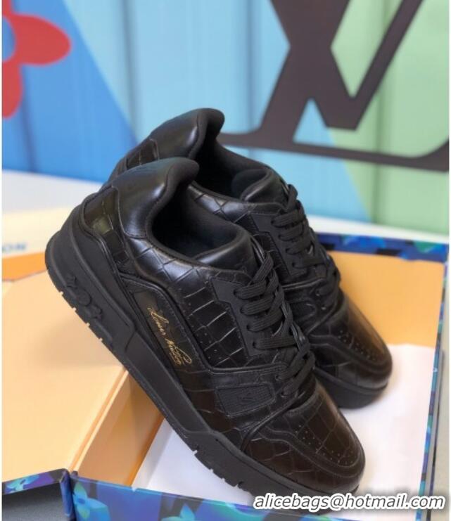 Good Product Louis Vuitton Men's LV Trainer Sneakers in Black Stone Embossed Leather 1A812O