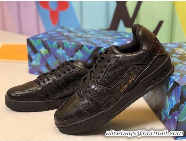 Good Product Louis Vuitton Men's LV Trainer Sneakers in Black Stone Embossed Leather 1A812O