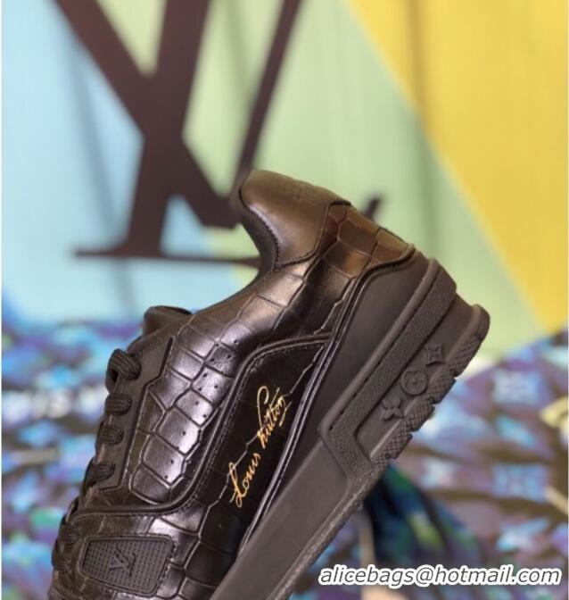 Good Product Louis Vuitton Men's LV Trainer Sneakers in Black Stone Embossed Leather 1A812O