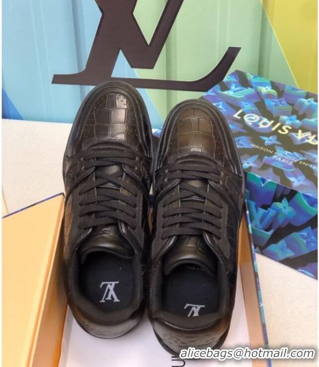 Good Product Louis Vuitton Men's LV Trainer Sneakers in Black Stone Embossed Leather 1A812O