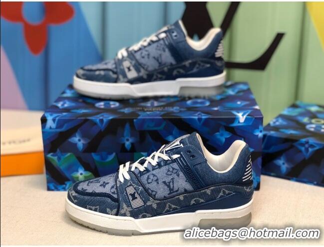 Top Design Louis Vuitton LV Trainer Sneakers in Blue Monogram Denim 1A812O