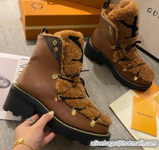 Best Price Louis Vuitton LV Beaubourg Short Boots in Leather and Shearling Wool 1A8CUQ Brown