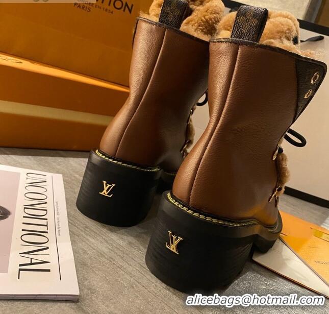 Best Price Louis Vuitton LV Beaubourg Short Boots in Leather and Shearling Wool 1A8CUQ Brown