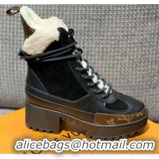 Good Product Louis Vuitton Laureate Platform Desert Boots in Calfskin and Shearling Wool 1A86WC Black